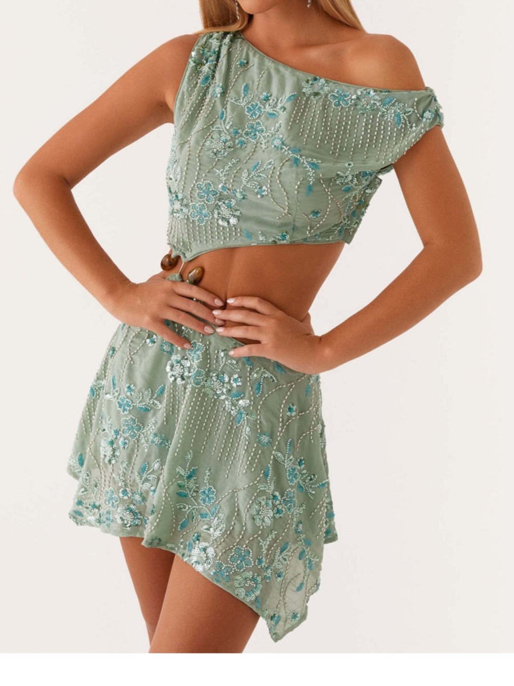 Peppermayo Sage Green Embroidered Asymmetrical Two-Piece Dress